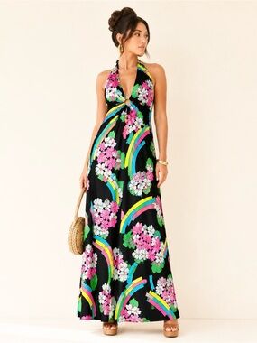 Vintage 70s Flower Power Halter Maxi Dress Psychedelic Rare Size XS/S